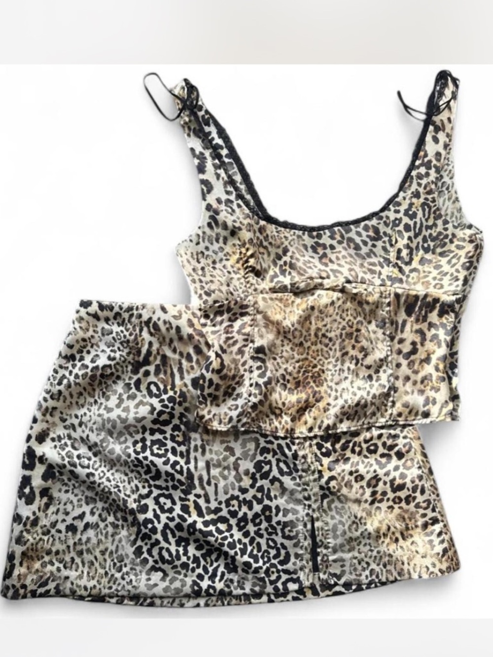Leopard Print Satin Crop Top and Mini Skirt Set